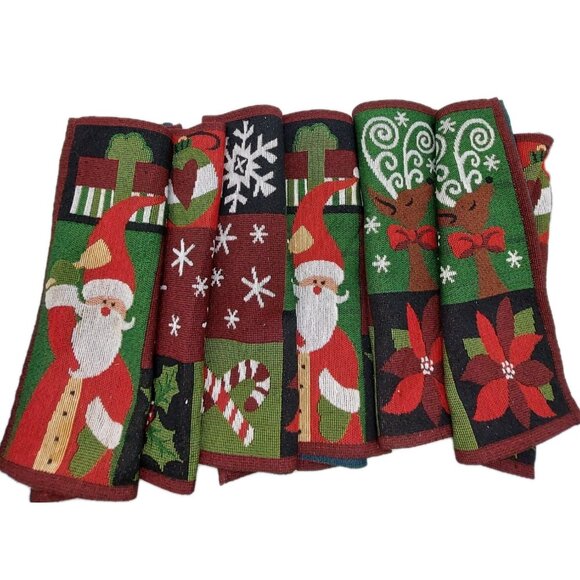 Tapestry Christmas Placemats Multi-colored Santa Reindeer Set Of 6 READ - Picture 1 of 6
